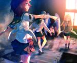  bandages blonde_hair blue_eyes blurry depth_of_field from_behind hair_over_one_eye long_hair looking_back low_wings multiple_girls multiple_wings original outstretched_arms red_hair school_uniform serafuku shiranori short_hair spread_arms stairs white_wings window wings 