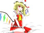  :o annoyed ascot bed blonde_hair blush bow eyelashes flandre_scarlet frills hat hat_bow head_tilt highres low_wings mob_cap red_eyes s-ghost short_hair side_ponytail simple_background sitting skirt skirt_set slit_pupils socks solo touhou v-shaped_eyebrows v_arms wariza white_background wings 