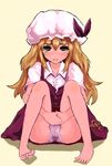  bad_id bad_pixiv_id barefoot blonde_hair brown_eyes ex full_body hat leg_hug long_hair panties shadow simple_background sitting solo touhou underwear watatsuki_no_toyohime 