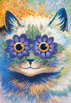 abstract cat colorful early_indian_irish feline feral flower leaf looking_at_viewer louis_wain mammal orange_eyes original proper_art smile solo surreal traditional_media what 