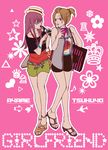  anklet bad_id bad_pixiv_id bag bare_legs bare_shoulders belt bracelet breasts brown_eyes brown_hair casual cellphone contemporary drink fashion gintama glasses handbag hat highres jewelry long_hair multiple_girls necklace open_clothes open_vest paruru phone pink_eyes pink_hair sandals sarutobi_ayame scar scrunchie shopping_bag short_ponytail shorts smartphone straw_hat tsukuyo_(gintama) vest 