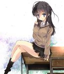  1girl blush brown_hair chair desk highres long_hair original school_uniform shikinyan socks solo 