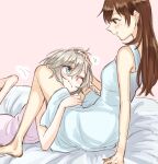  2girls anastasia_(idolmaster) bed blue_eyes brown_eyes brown_hair chirosuke_(nameless) grey_hair hair_between_eyes hand_in_another&#039;s_hair idolmaster idolmaster_cinderella_girls long_hair looking_at_another multiple_girls nitta_minami on_bed one_eye_closed ruffling_hair short_hair sidelocks simple_background smile yuri 