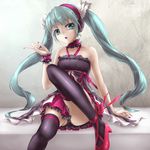  7th_dragon_(series) 7th_dragon_2020 7th_dragon_2020-ii dress green_eyes green_hair hatsune_miku headphones highres kamomen long_hair nail_polish panties pantyshot pantyshot_(sitting) sitting solo thighhighs twintails underwear vocaloid 