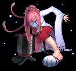  animal_ears bell blazblue breasts candy capri_pants cat_ears cat_tail food glasses kokonoe kotoribako lollipop long_hair mechanical_arm medium_breasts multiple_tails pants pink_hair ponytail red_pants sandals slippers solo tail yellow_eyes 