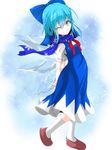  ;) arms_behind_back blue_dress blue_eyes blue_hair blush bow cirno dress eyelashes full_body hair_bow highres ice large_bow loafers looking_at_viewer one_eye_closed red_ribbon ribbon s-ghost scarf shoes short_hair short_sleeves simple_background smile snow snowflakes socks solo sparkle touhou wings 