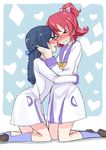  &gt;_&lt; aida_mana bad_id bad_pixiv_id blue_hair blue_sailor_collar blush braid closed_eyes couple dokidoki!_precure flipped_hair half_updo heart heart_background hishikawa_rikka hug kneeling long_hair multiple_girls oogai_daiichi_middle_school_uniform ponytail precure red_hair sailor_collar school_uniform simple_background sketch yoban yuri 