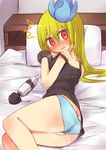  1girl bed blue_panties blush breath caught hitachi_magic_wand ico_(green_bullet) kimidori_(ico) long_hair looking_at_viewer lying masturbation masturbation_through_clothing nose_blush on_bed on_side open_mouth original panties pussy_juice pussy_juice_stain red_eyes solo underwear wet wet_clothes wet_panties 