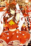  armpits arms_up blurry branch brown_eyes brown_hair depth_of_field detached_sleeves flower frills gohei hakurei_reimu highres light_smile long_hair navel open_clothes open_shirt petals shide shirt solo torii touhou yugake_(mrnmrm) 