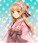  blonde_hair blue_background bow earrings flower green_eyes hair_bow hair_flower hair_ornament hairband heart heart_of_string japanese_clothes jewelry kimono long_hair original solo vanille 