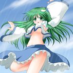  aqua_eyes breasts detached_sleeves frog_hair_ornament green_hair hair_ornament hair_tubes kochiya_sanae large_breasts long_hair navel open_mouth outstretched_arms riku_(rikkuru) skirt snake_hair_ornament solo touhou underboob 