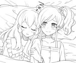  aikatsu! aikatsu!_(series) arm_hug blush couple greyscale happy hoshimiya_ichigo kiriya_aoi lineart long_hair lying monochrome multiple_girls pajamas pillow ponytail side_ponytail sketch sleeping smile yoban yuri zzz 