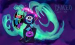  1boy 1girl artist_name commentary cosplay death_(entity) english_commentary ghost graceoartyo grim_reaper grim_reaper_(cosplay) halloween highres holding holding_pumpkin holding_scythe mask molly_mcgee pumpkin scratch_(the_ghost_and_molly_mcgee) scythe short_hair the_ghost_and_molly_mcgee 