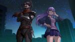  1boy 1girl 364ing01 absurdres beard black_bodysuit black_hair blue_eyes bodysuit city commission crossed_arms facial_hair full_beard hand_on_own_hip high_ponytail highres mature_male night night_sky original purple_hair red_scarf robot_girl scarf skeb_commission skirt sky standing sword sword_on_back weapon weapon_on_back 