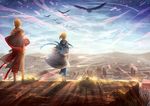  1girl ahoge armlet artoria_pendragon_(all) bad_id bad_pixiv_id bird blonde_hair bracelet fate/stay_night fate_(series) from_behind gilgamesh jewelry lilin99jh necklace robe saber sky toga 