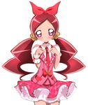  aikatsu! aikatsu!_(series) alternate_costume bow checkered checkered_skirt cosplay hair_ribbon hanasaki_tsubomi haru_(nature_life) heart heartcatch_precure! hoshimiya_ichigo hoshimiya_ichigo_(cosplay) long_hair necktie pink_bow pink_eyes precure red_hair ribbon simple_background skirt solo twintails white_background 