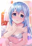  1girl bare_shoulders blue_eyes blurry bra breasts collarbone commentary depth_of_field eyebrows_visible_through_hair gochuumon_wa_usagi_desu_ka? hair_between_eyes hair_ornament highres indoors kafuu_chino light_blue_hair light_particles long_hair looking_at_viewer midriff navel open_mouth panties rouka_(akatyann) small_breasts stomach strap_slip underwear underwear_only wavy_mouth white_bra white_panties x_hair_ornament 