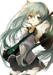  detached_sleeves green_hair hatsune_miku headset long_hair necktie skirt solo thighhighs twintails very_long_hair vocaloid white_background yahhooooi 