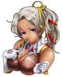  71 bare_shoulders between_breasts breasts cleavage copyright_request dark_skin drinking_straw earrings gloves grey_hair jewelry large_breasts ponytail purple_eyes silver_hair solo tan tanline 