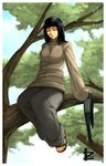  2009 black_hair blue_eyes breasts downcast_eyes highres hyuuga_hinata in_tree irving-zero large_breasts long_hair long_skirt naruto naruto_(series) naruto_shippuuden sandals sitting sitting_in_tree skirt solo sweater toes tree 