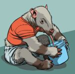 ambiguous_gender anteater anthro brown_body brown_fur bucket claws clothed clothing container eating frederik_peeters fur grey_body grey_fur hi_res human long_tongue mammal mid_transformation midriff pilosan simple_background sitting solo the_animal_kingdom_(film) tongue tongue_out transformation white_body white_fur xenarthran