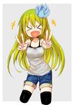  &gt;_&lt; :d blush closed_eyes double_v heart heart_in_mouth ico_(green_bullet) kimidori_(ico) long_hair open_mouth original shorts simple_background smile solo v very_long_hair xd 