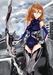  armor armored_boots blue_eyes blue_leotard bodysuit boots bow_(weapon) breasts brown_hair elbow_gloves gloves hair_between_eyes hand_on_hip highres holding holding_weapon leotard long_hair mecha_musume medium_breasts original saikin skin_tight solo standing thigh_boots thighhighs weapon zettai_ryouiki 