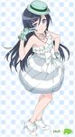  aragaki_ayase bare_shoulders black_hair blue_eyes dress gloves hair_ornament hairclip hand_on_hip hat high_heels jewelry long_hair long_legs looking_at_viewer mizuki_makoto necklace ore_no_imouto_ga_konna_ni_kawaii_wake_ga_nai shoes smile solo strapless strapless_dress v white_legwear 