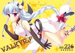  bare_shoulders black_gloves bow braid character_name choker elbow_gloves gloves hair_bow hair_ornament holding holding_hair light_valkyrie_(p&amp;d) long_hair motomiya_mitsuki multiple_braids pointy_ears puzzle_&amp;_dragons red_eyes silver_hair solo star tri_braids valkyrie_(p&amp;d) yellow_background 