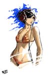  1girl bikini black_hair blue_eyes breasts headphones highres irving-zero lipstick makeup navel original rough short_hair sketch solo striped striped_bikini striped_swimsuit swimsuit 