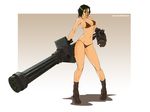  bikini black_eyes black_hair boots breasts gatling_gun gun highres irving-zero mechanical_arm medium_breasts minigun navel original revision short_hair sideboob solo swimsuit weapon 