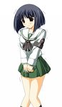  armband bad_id bad_pixiv_id black_eyes black_hair black_legwear blouse blush bob_cut closed_mouth feet_out_of_frame girls_und_panzer gotou_moyoko green_skirt long_sleeves looking_at_viewer merukava miniskirt neckerchief ooarai_school_uniform pleated_skirt school_uniform serafuku short_hair simple_background skirt socks solo standing tears trembling wavy_mouth white_background white_blouse 