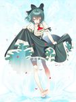  adapted_costume ascot bad_id bad_pixiv_id bare_legs barefoot blue_dress blue_eyes blue_hair bow cirno dress dress_lift hair_bow ice ice_wings ogino_(oginogino) open_mouth petals puffy_sleeves shirt short_sleeves solo touhou wings 