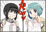  :&gt; akemi_homura black_hair blue_hair hair_ornament hairband hairclip long_hair mahou_shoujo_madoka_magica miki_sayaka multiple_girls paper rainblackwolf school_uniform short_hair smile sparkle test translated 