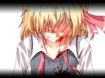  blonde_hair blood blood_on_face blood_stain covered_eyes fang grin hair_ribbon nekotama_shun ribbon rumia short_hair smile solo touhou 