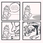 absurd_res ambiguous_gender animal_humanoid black_and_white canid canid_humanoid canine canine_humanoid clothed clothing comic commentary crazy_eyes crooked_teeth diaper duo fluff_pampz hi_res humanoid humor macro male male/male mammal mammal_humanoid monochrome nails number_one_gizzhead sharp_nails shirt speech_bubble t-shirt text_emphasis topwear ugly_bastard wearing_diaper wolf_humanoid yelling