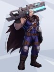  1boy absurdres belt black_footwear black_gloves boots brown_belt brown_cloak cable_(marvel) cloak gloves gun highres holding holding_gun holding_weapon holster huge_weapon indigo_bodysuit knee_pads leg_holster male_focus marvel marvel_rivals mature_male muscular muscular_male parody prosthesis prosthetic_arm ribbions_art short_hair standing style_parody thigh_holster weapon white_hair x-men 