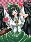  ^_^ arm_cannon black_hair blush bow brown_hair cape closed_eyes hair_bow heart long_hair madara_hato open_mouth reiuji_utsuho skirt smile solo third_eye touhou weapon wings 