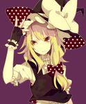  adjusting_clothes adjusting_hat blonde_hair brown_eyes fingerless_gloves gloves hat kirisame_marisa long_hair polka_dot purple_background simple_background touhou upper_body yellow_eyes yugake_(mrnmrm) 