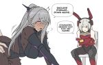  1boy 2girls animal_ears armored_leotard bare_shoulders bent_over black_leotard blush body_armor bodystocking braid breasts closed_eyes closed_mouth commander_(girls&#039;_frontline) commentary cowboy_shot crossed_arms cuck_chair_(meme) dark-skinned_female dark_skin english_commentary english_text fake_animal_ears gauntlets girls&#039;_frontline girls&#039;_frontline_2:_exilium grey_hair hair_between_eyes hair_ornament hands_on_another&#039;s_hips hetero highres krolik_(girls&#039;_frontline_2) large_breasts leotard long_hair looking_at_another maven_(madeinheaven_23) mechanical_ears meme multiple_girls nemesis_(girls&#039;_frontline_2) on_chair open_mouth pantyhose playboy_bunny ponytail profanity rabbit_ears sex sex_from_behind simple_background sitting speech_bubble tactical_playboy_bunny teeth upper_teeth_only white_background 