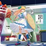  apron blonde_hair blue_dress blue_eyes breasts cake candy candy_hair_ornament chair chupa_chups cookie cup dress food food_themed_hair_ornament fruit full_body hair_ornament kitchen large_breasts lollipop long_hair maid masao minigirl original polearm pot puffy_sleeves shield shirt short_sleeves sign solo strawberry teacup teapot translated upskirt waist_apron weapon 