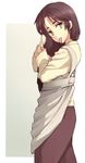  adjusting_hair apron bad_id bad_pixiv_id brown_hair carla_yeager head_tilt highres long_hair looking_at_viewer mouth_hold nishimuku_meri shingeki_no_kyojin simple_background solo standing yellow_eyes 