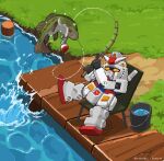  animal bass_(fish) bucket commission doodlebird14 english_commentary fish fishing fishing_rod gundam holding holding_animal holding_fish instagram_logo instagram_username mecha mobile_suit_gundam orange_eyes pixel_art robot rx-78-2 shadow solo splashing twitter_username twitter_x_logo water 