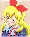  ;p aikatsu! aikatsu!_(series) blonde_hair blush hair_ribbon hoshimiya_ichigo long_hair looking_at_viewer one_eye_closed ribbon solo sugise_satoshi tongue tongue_out 