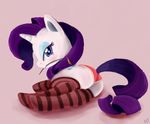  equine eyeshadow female feral friendship_is_magic fur hair horn kyle23emma looking_at_viewer looking_back lying makeup mammal mouth_hold my_little_pony on_side panties plain_background purple_hair rarity_(mlp) socks solo suggestive underwear unicorn white_fur 
