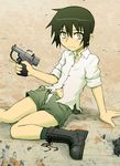  1girl artist_request black_hair boots brown_eyes dress_shirt gun handgun kino kino_no_tabi liberator navel open_fly pistol shirt short_hair shorts sitting solo tomboy trigger_discipline unzipped weapon yamane 