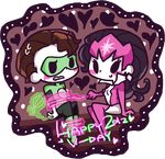  1boy 1girl black_eyes black_hair blush boots breasts brown_hair carol_ferris chibi dc_comics domino_mask earrings green_lantern green_lantern_(series) hal_jordan jewelry long_hair mask open_mouth ring smile star_sapphire_(dc_comics) thigh_boots thighhighs 