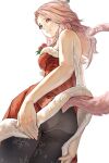  1girl absurdres animal_ears ass bimel_isabella black_pantyhose blue_eyes breasts cat_ears cat_tail christmas dress dutch_angle facial_mark final_fantasy final_fantasy_xiv fur-trimmed_dress fur_trim highres long_hair medium_breasts miqo&#039;te panties panties_under_pantyhose pantyhose pink_hair print_pantyhose red_dress santa_costume santa_dress solo tail underwear warrior_of_light_(ff14) whisker_markings 
