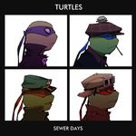  album_cover brass_stars brothers cosplay cover demon_days_cover donatello empty_eyes goggles goggles_on_head gorillaz hat leonardo male_focus mask michelangelo multiple_boys parody plaid profile raphael siblings teenage_mutant_ninja_turtles 