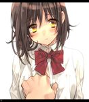  blush bow bowtie brown_hair dress_shirt head_tilt letterboxed long_hair original out_of_frame pov pov_hands shirt solo_focus toujou_sakana yellow_eyes 